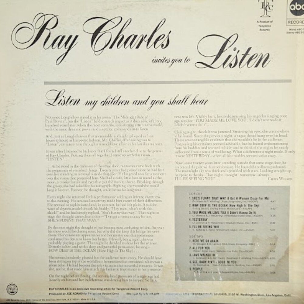 Ray Charles "Listen", MONO 1967 ABC-Paramount, Vintage VTG vinyl record album LP - Picture 2 of 2